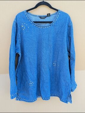 Agapo Collection Denim Blue Chambray Studded Rhinestone Long Sleeve Shirt 2X